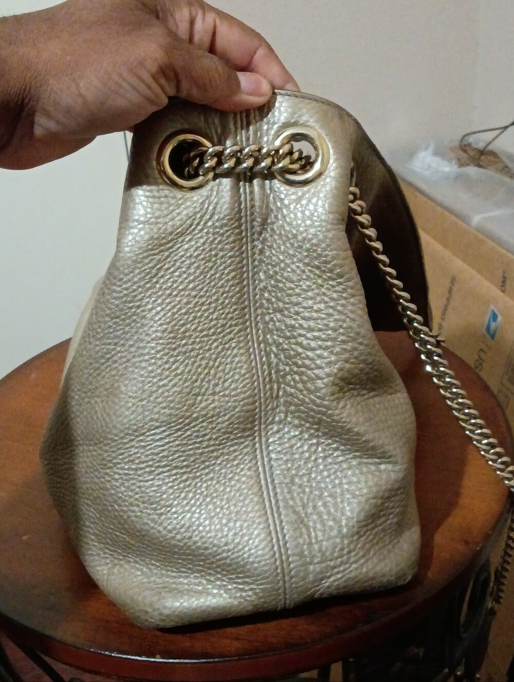 Gold Leather Shoulder Bag with Tassel Chain Strap - Picture 11 of 16